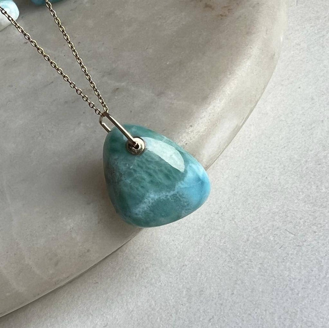Natural 14K Solid Yellow Gold Larimar Blue Pectolite Pendant, February ...