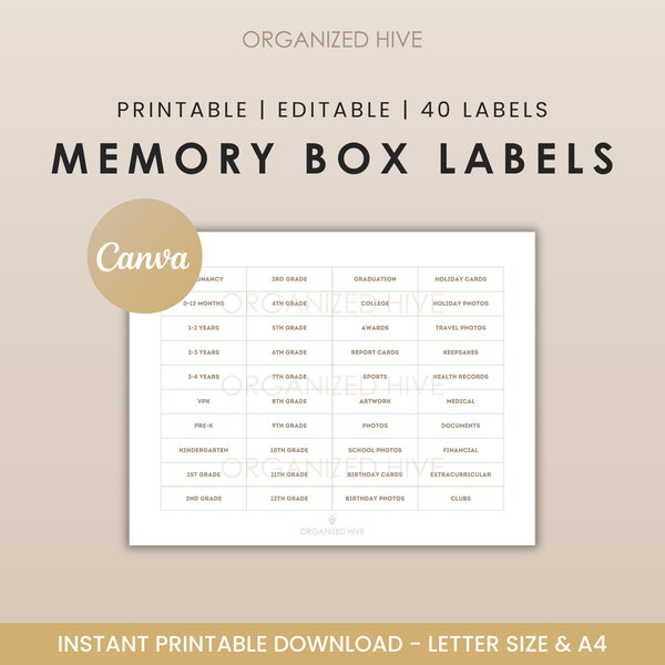 Printable Memory box labels | 40 Milestone Bin Labels | Filing folder labels editable | Letter & A4 | Instant Download