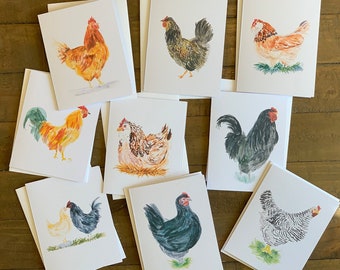Chicken Watercolor Art Note Cards: Variety Pack Set of 9
