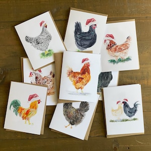 Tarjetas navideñas de pollo con gorro de Papá Noel: juego de 9 en acuarela: Barred Rock, Australorp, Roosters, Favorelles y más con sobres de papel Kraft