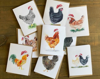 Santa Hat Huhn Weihnachtskarten - Aquarell Set von 9 - Barred Rock, Australorp, Hähne, Favorelles, & mehr mit Kraftpapierumschlägen