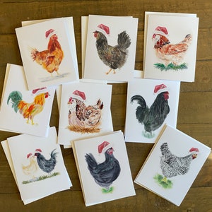 Santa Hat Chicken Christmas Cards- Original Watercolor Set of 9 Chickens- Barred Rock, Australorp, Roosters & more with Envelopes