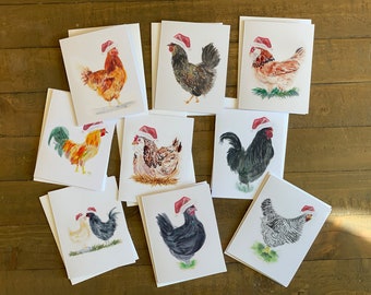 Tarjetas de Navidad de pollo con sombrero de Papá Noel- Conjunto original de acuarela de 9 pollos- Roca barrada, Australorp, gallos y más con sobres