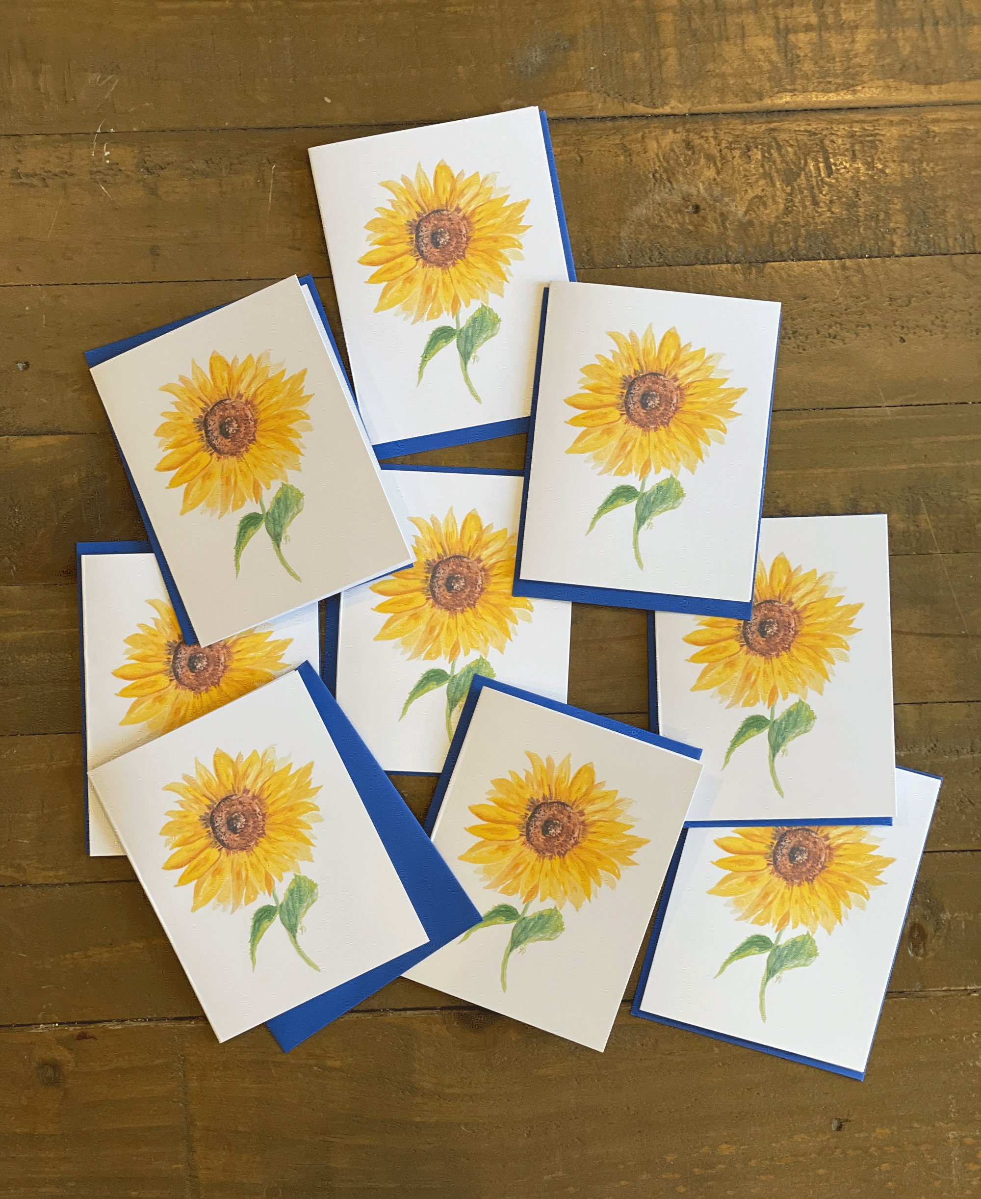 Sunflower Watercolor Art Note Cards With Blue Envelopes - Set of 9 - Etsy