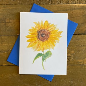 Cartões de notas de girassol - conjunto de 9 impressões originais em aquarela de girassol amarelo com envelopes azuis