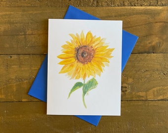 Sunflower Watercolor Art Note Cards with Blue Envelopes - Set of 9