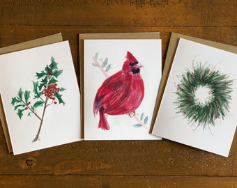 Holiday Cards- Original Watercolor Art Print Variety Set of 9 Cards and Kraft Envelopes including 3 each of a Wreath, Cardinal, and Holly