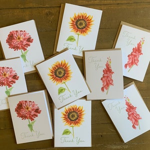 Cartes de correspondance fleurs Merci - Variété d'impressions aquarelle originales avec enveloppes en papier kraft représentant un zinnia, un tournesol et un glaïeul