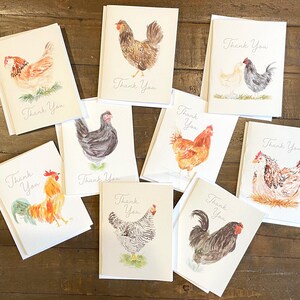"Aquarellpapier Danke Huhn Karten ""Packung"" 9er Aquarell Karte Set mit 9 verschiedenen Hühnern, Hennen, Hähnen & mehr mit weißen Umschlägen."