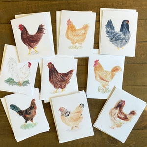 Ensemble de cartes de correspondance de variétés de poulet Heritage, aquarelle originale de 9 poulets - Rhode Island Red, Orpington chamois, coq et plus avec enveloppe
