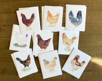 Heritage Chicken Variety Pack Note Cards Original Watercolor Set of 9 Chickens- Rhode Island Red, Buff Orpington, Rooster, & more w/Envelope