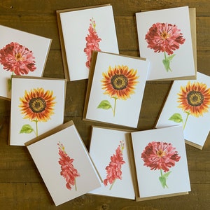 Tarjetas con notas de flores: juego variado de impresiones artísticas originales de acuarela con sobres de papel Kraft que presentan una zinnia, un girasol y un gladiolo