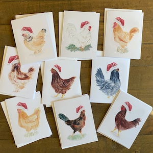 Cartões de Natal de frango Santa Hat Heritage - Conjunto original em aquarela de 9 galinhas - Rhode Island Red, Orpingtons, Roosters e muito mais com envelopes