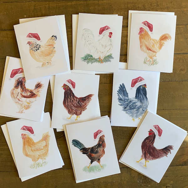 Tarjetas navideñas de pollo con gorro de Papá Noel: impresiones artísticas en acuarela, conjunto de 9