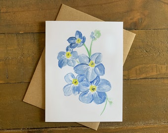 Cartes de correspondance fleurs myosotis - Lot de 9 cartes aquarelle originales avec enveloppes kraft