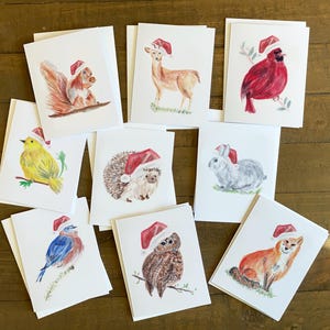 Weihnachtsmannmütze Waldtier Weihnachtskarten - Original Aquarell 9er Set - Igel, Kardinal, Eichhörnchen, Eule, Drossel & mehr mit Umschlägen