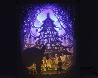 3D Frohe Weihnachten Papier schnitzen/Papier geschnitten LED Lichtkasten Nachtlicht/Geburtstagsgeschenk/Weihnachtsgeschenk/Schlafzimmer Dekor/Wohnzimmer Dekor