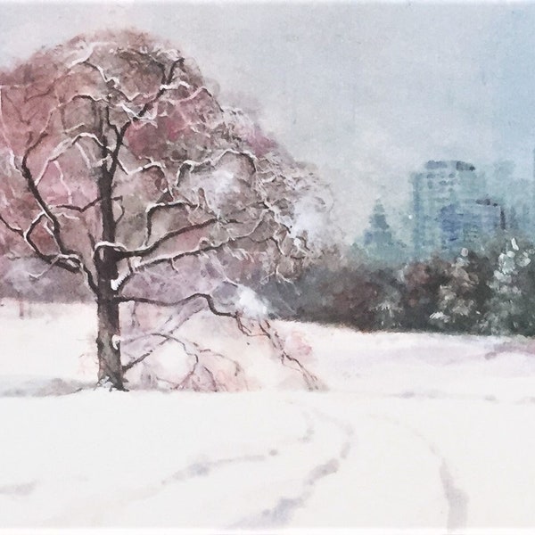 Minneapolis Winter Giclée Print Theodore Wirth Regional Park Art Minnesota Artist Watercolor by Katia Andreeva 7x21 Minneapolis Painting