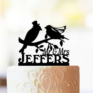 Love Birds, Birds on Branch, Wedding Cake Topper, Top Hat and Veil, Bridal Shower, Grooms Cake, Last Name, Customized Topper, Date