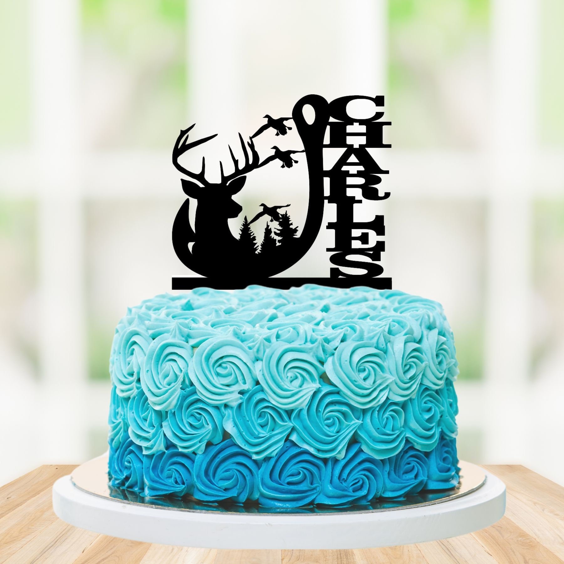 YUINYO Fishing theme Happy birthday Cake Topper,Birthday Cake Banner-Cheers  to Year - Party Decoration (Black)