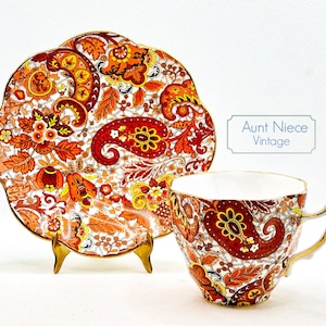 Vintage teacup and saucer Rosina Red Orange Gold paisley chintz teacup set 5032 c. 1950s