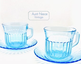 1980s vintage Fortecrisa Mexico Set of 2 blue glass handle vintage cups and saucers