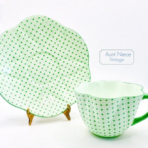 Vintage Shelley Bone China Teacup and Saucer Green with green stars polka dots green handle dainty shaped cup saucer