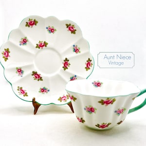 Vintage Teacup and saucer Shelley Bone China Rosebud dainty cup saucer white pink rose buds teal trim teal Queen Anne shape handle c.1960s