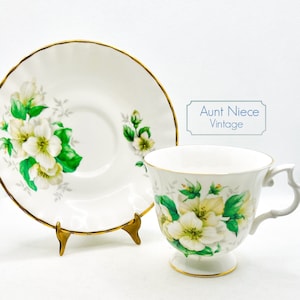 Vintage Bluebird Bone China Teacup Set: White Jasmine Flowers, Gold Trim