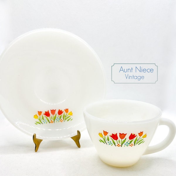 Vintage cup and saucer Anchor Hocking Fire King Red, Orange, Yellow Tulips blue floral milk glass teacup coffee cup and saucer c1960s