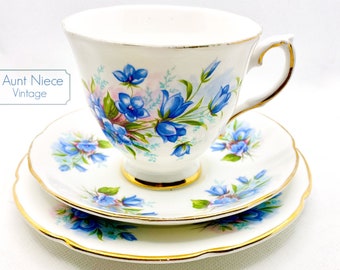 1950s Vintage Royal Grafton trio set blue bell flowers forget-me-not gold gilt scalloped edge vintage teacup saucer underplate