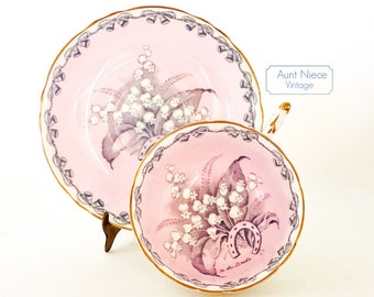 Vintage Paragon Pink Bridal Teacup and Saucer: Lily of the Valley, Horseshoe