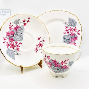 1950s Vintage Colclough china trio pink flowers grey leaves gold gilt vintage teacup saucer and square scalloped edge underplate