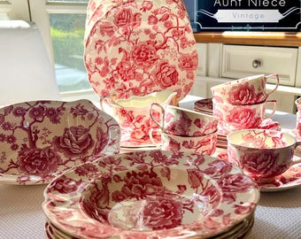 Johnson Brothers Red Chippendale: Vintage English Bone China Plates, Teacups