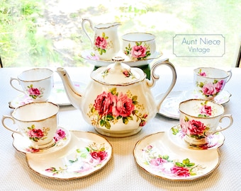 Selection of Vintage Royal Albert American Beauty Tea Set pieces tennis sets, sugar creamer, snack plates vintage teacups c.1950s