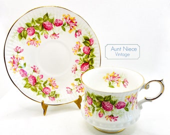 Vintage Teacup and Saucer Rosina China Wild Flowers Pink Green floral gold gilt cup saucer c. 1970s