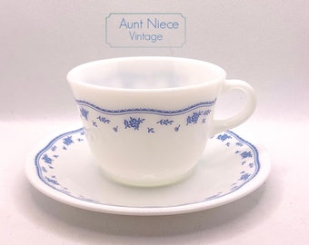 Sets and Single Vintage Single flat cup and saucer Corning MORNING BLUE pattern dainty blue flowers and wavy ribbon blue floral mugs c.1980s