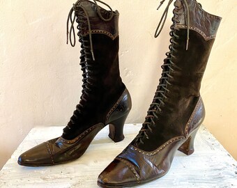 grey Edwardian Boots Witch Boots antique boots beige lace up civil war 1800s 1900s Vintage Victorian Boots steampunk boots