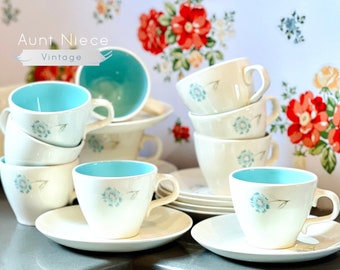 Sets and single Vintage teacup saucer Taylor Smith & Taylor Co "Ever Yours Boutonnière Blue Blossom" mid century cups robins egg blue