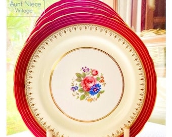 1950s Vintage Plates Aynsley China Red Gold Floral Plates | Vintage Aynsley 10.5'' Dorchester Pattern Plates | Vintage plates  floral dishes