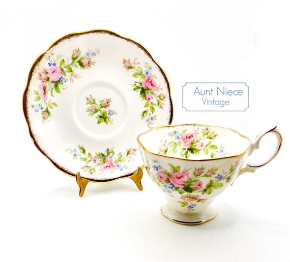 Vintage teacup and saucer Royal Albert Pink Roses Blue bouquet flowers heavy gold gilt c.1950s