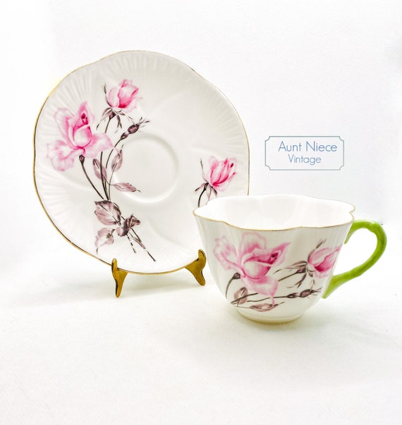 Vintage Teacup and Saucer Shelley bone china dainty shaped Rose Bud stem green handle c.1950s