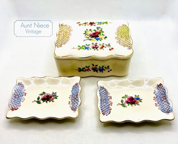Vintage Jewelry Box, Trinket Box, Jewelry trays porcelain with green purple lattice roses, yellow an blue flowers Made in Japan c. 1930s