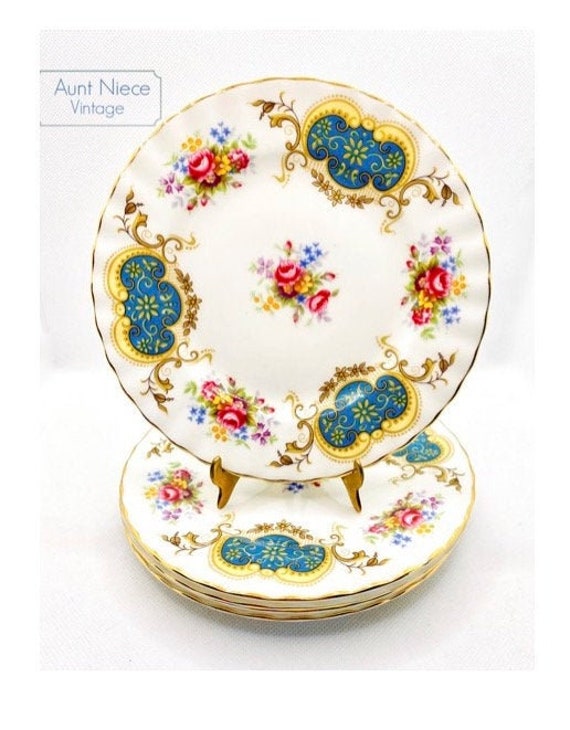 Vintage Royal Albert Berkeley plates  6'' plate set of four  || 1970s Vintage decorative dessert plates floral pink blue and gold gilt
