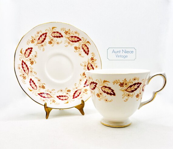 Vintage teacup and saucer Queen Anne Bone China red brown and gold leaves floral saucer and pedestal cup c.1960s