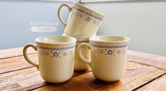 Sets and single mugs Vintage Coffee Mugs Corelle Corning Needlepoint pattern blue checker gingham blue red floral