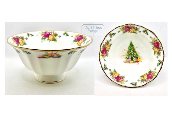Vintage Royal Albert footed Christmas Magic Bowl has a LINE CRACK c.1990