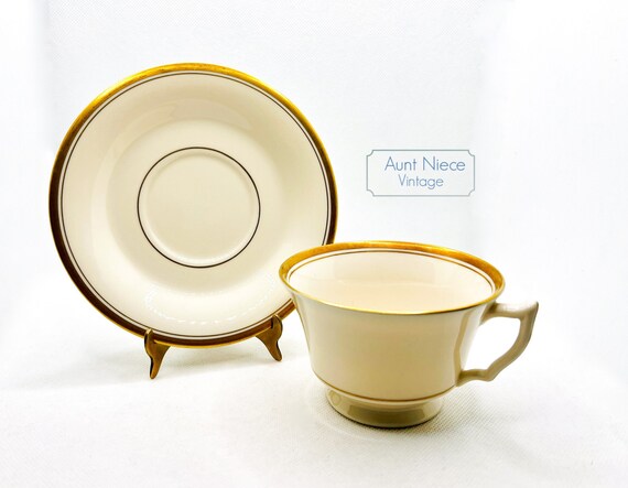 Vintage teacup saucer mid century modern Syracuse china "Ivory" cream and gold footed cup vintage restaurant ware c. 1950s