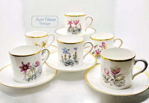 Set of Vintage Espresso cups and saucers Royal Worcester Demitasse sets Alpine flowers 6 cups and 6 saucers