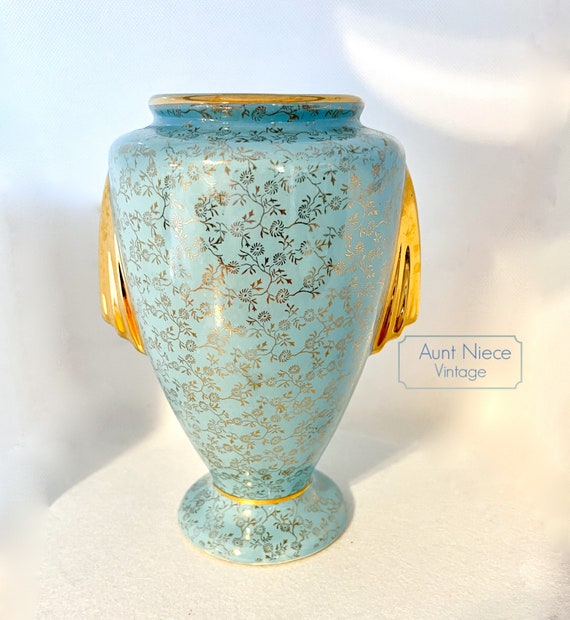 Vintage Vase Pearl China Co  Aqua blue with gold floral chintz and gold handle sides 22k gold Made in OH USA Mid Century modern c.1950s